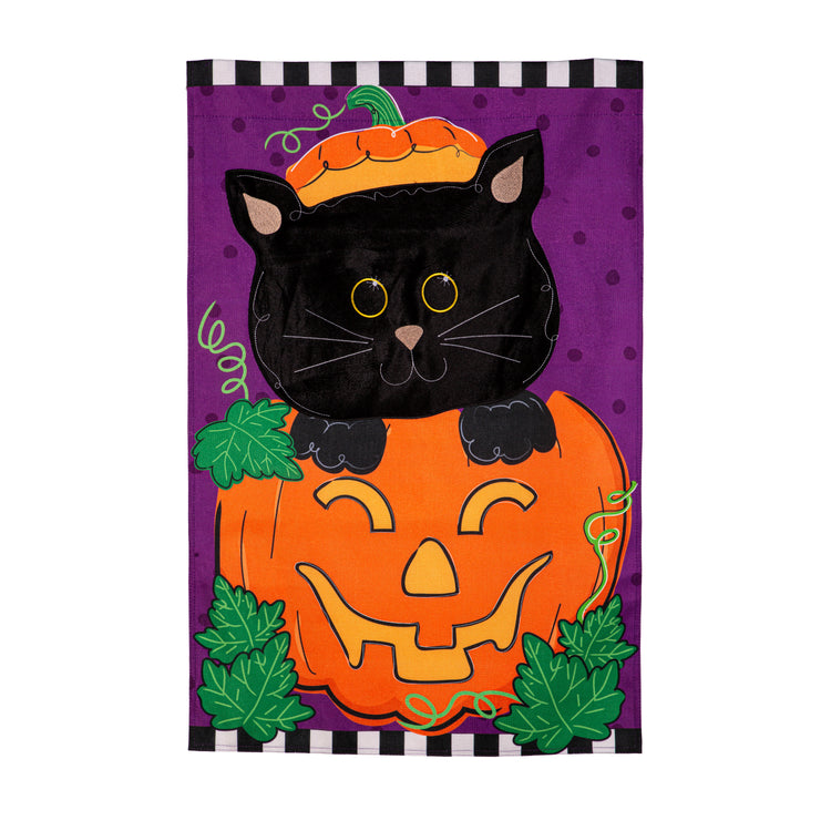 Jack O'Lantern & Black Cat Burlap House Flag; Polyester 28"x44"