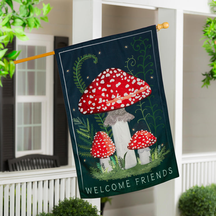 Welcome Friends Mushroom Printed House Flag; Linen-Polyester 28"x44"