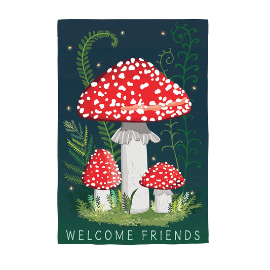 Welcome Friends Mushroom Printed House Flag; Linen-Polyester 28"x44"