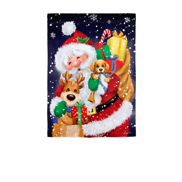 Santa, Reindeer and Puppy Printed Suede House Flag; Polyester 29"x43"