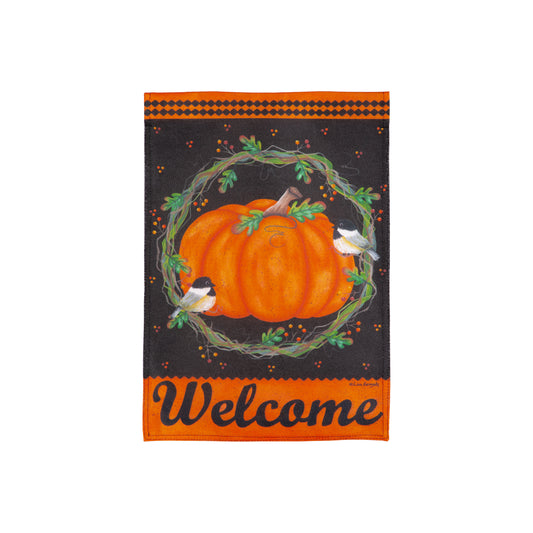 Chickadee & Pumpkin Burlap Garden Flag; Polyester 12.5"x18"