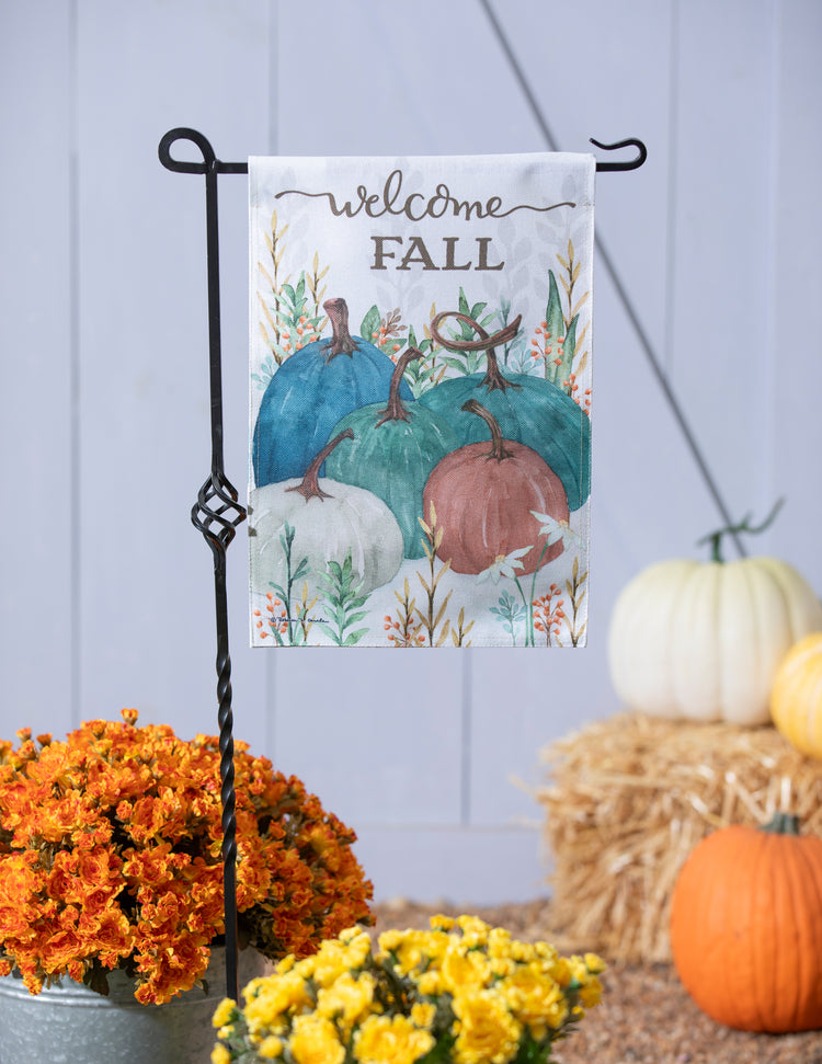 Welcome Fall Pumpkins Burlap Garden Flag; Polyester 12.5"x18"