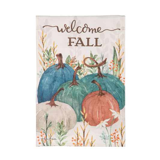 Welcome Fall Pumpkins Burlap Garden Flag; Polyester 12.5"x18"