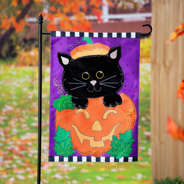 Jack O'Lantern & Black Cat Burlap Garden Flag; Polyester 12.5"x18"