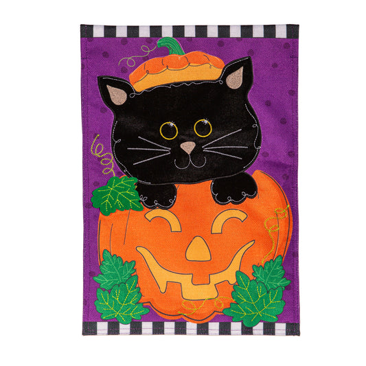 Jack O'Lantern & Black Cat Burlap Garden Flag; Polyester 12.5"x18"