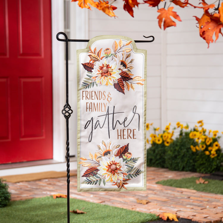 Friends & Family Gather Here Everlasting Impressions Garden Flag; Polyester-Linen Blend 12.5"x28"