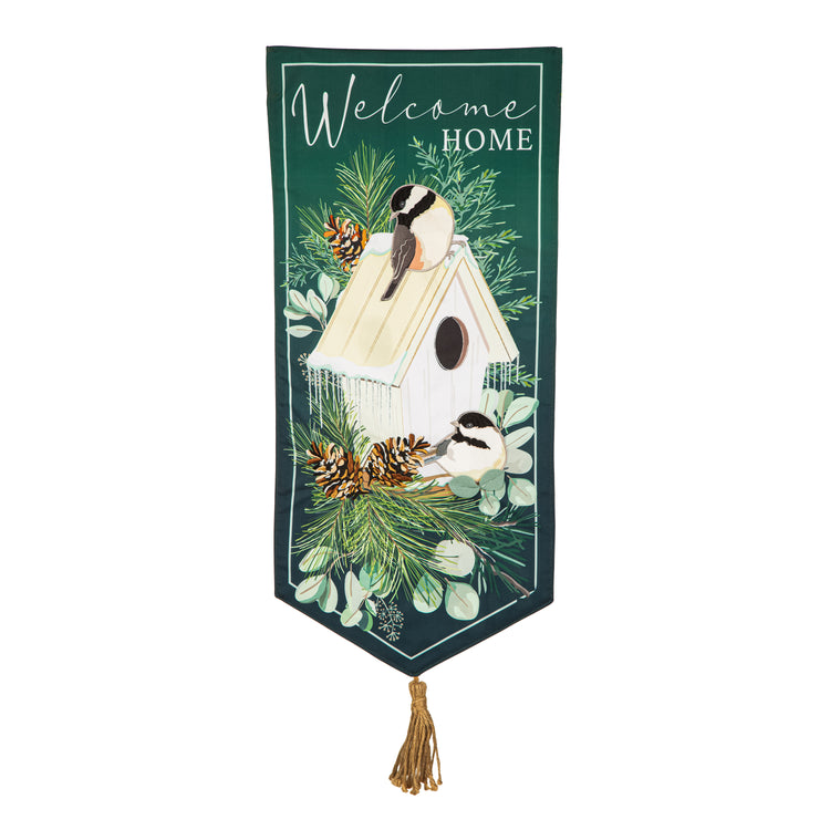 Welcome Home Winter Bird House Visit Everlasting Impressions Garden Flag; Polyester-Linen Blend 12.5"x28"