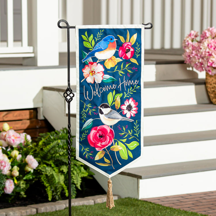 Welcome Home Songbirds Everlasting Impressions Garden Flag; Polyester-Linen Blend 12.5"x28"