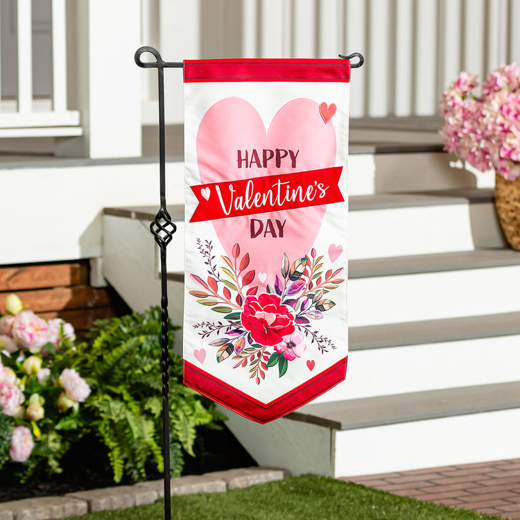 Happy Valentine's Day Heart & Floral Everlasting Impressions Garden Flag; Polyester-Linen Blend 12.5"x28"