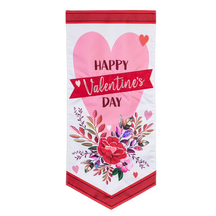 Happy Valentine's Day Heart & Floral Everlasting Impressions Garden Flag; Polyester-Linen Blend 12.5"x28"