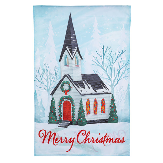 Winter Church Applique House Flag; Polyester 28"x44"