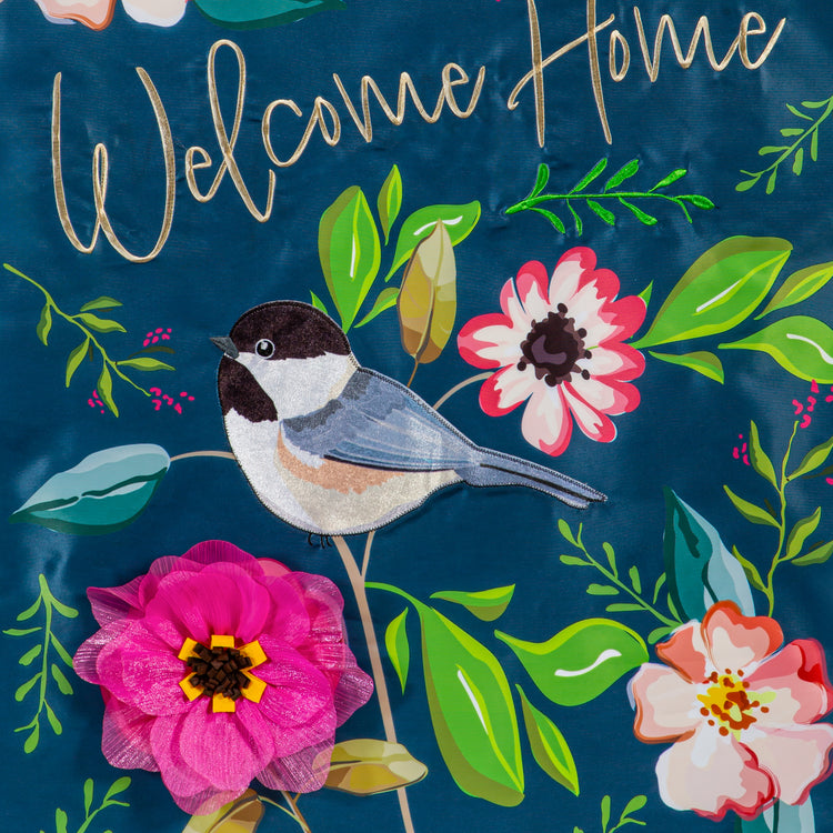 Welcome Home Song Birds Applique House Flag; Polyester 28"x44"