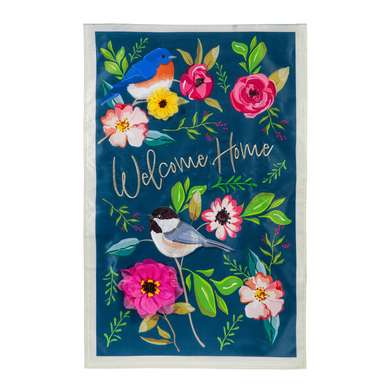 Welcome Home Song Birds Applique House Flag; Polyester 28"x44"