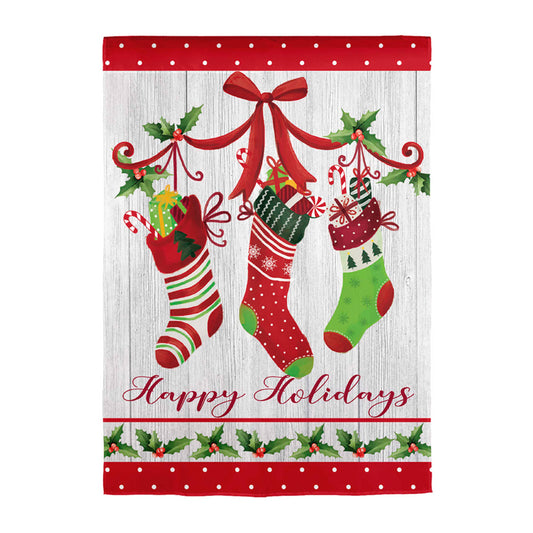 Happy Holidays Stockings Applique House Flag; Polyester 28"x44"