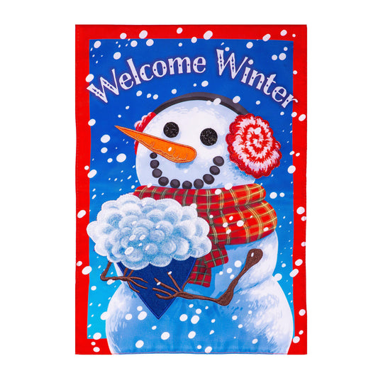 Snowman with Bouquet Applique House Flag; Polyester 28"x44"