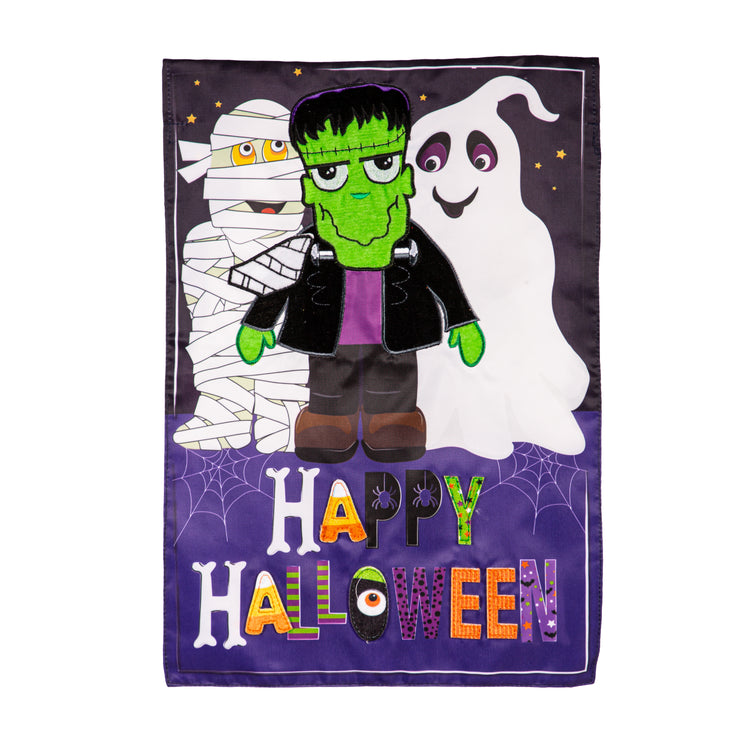 Happy Halloween Trio Printed/Applique House Flag; Polyester 28"x44"