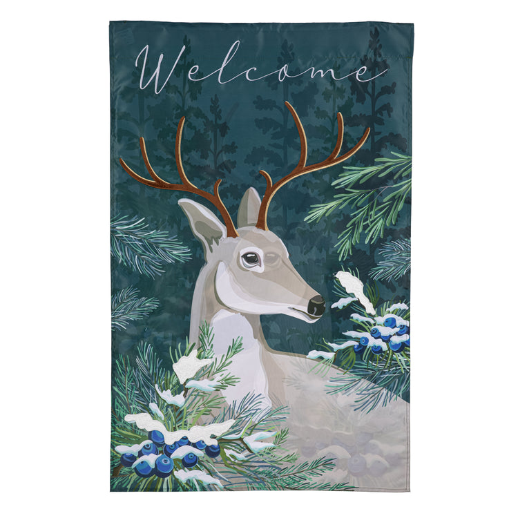 Woodland Deer Welcome House Flag; Polyester 28"x44"