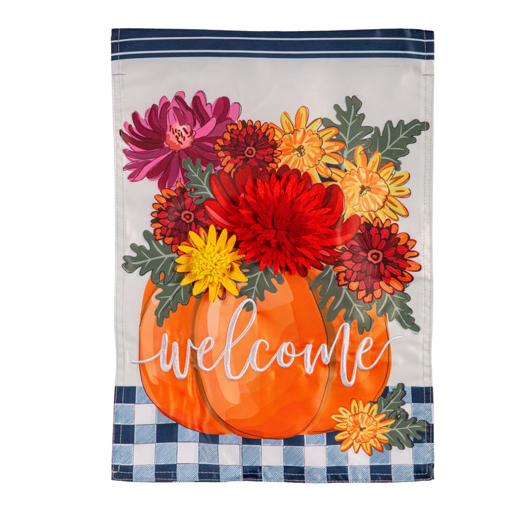 Mums & Pumpkin Applique Garden Flag; Polyester 12.5"x18"