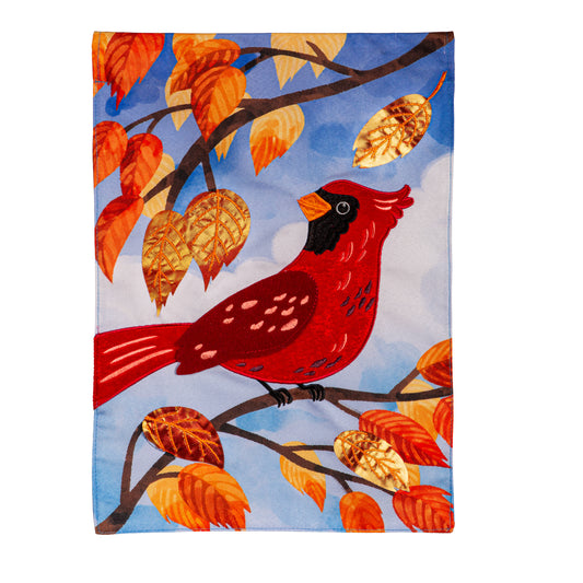 Cardinal in Fall Tree Applique Garden Flag; Polyester 12.5"x18"