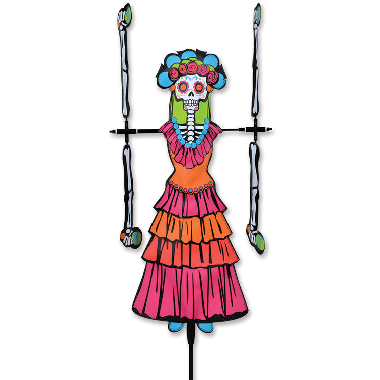 Day of the Dead Woman Whirligig Spinner; Polyester 23.25"x10", diameter 20.25"