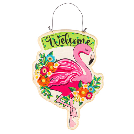 Floral Flamingo Welcome Estate Door Hanger; Polyester 25"Lx18"W, overall 31"