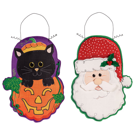 Jack O'Lantern & Black Cat/Santa Double Sided Estate Door Hanger; Polyester 25"Lx18"W