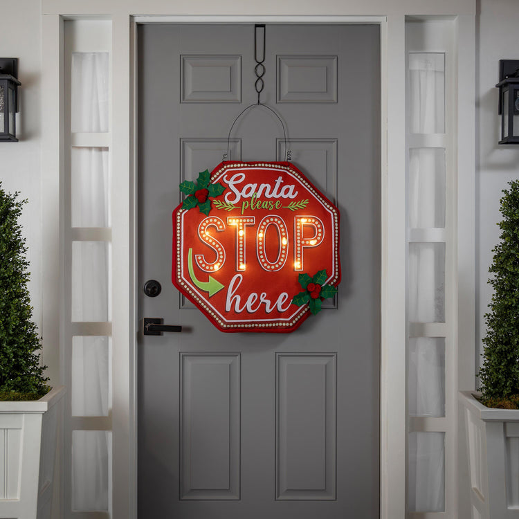 Santa, Please Stop Here Lighted Estate Door Hanger; Polyester 24.5"Wx24.5"T