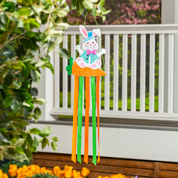 Happy Go Lucky Easter Swinging Bunny Shaped Wind Spinner Windsock; Polyester 12"Wx36"L