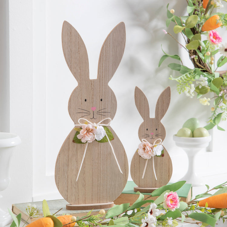 Spring Shaped Wood Bunny with Flowers Tabletop Decor