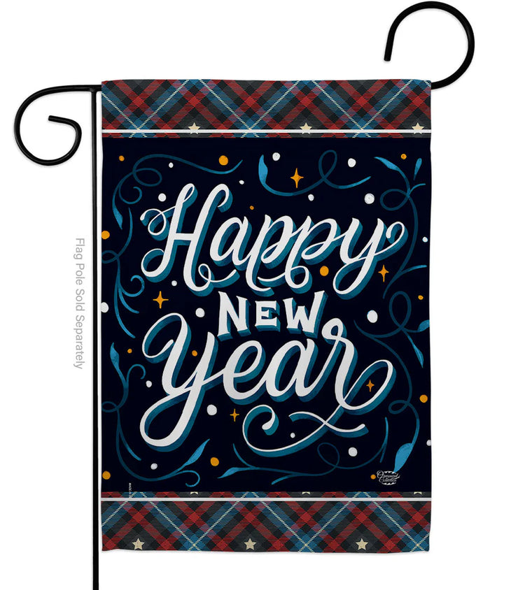 Plaid Happy New Year Garden Flag