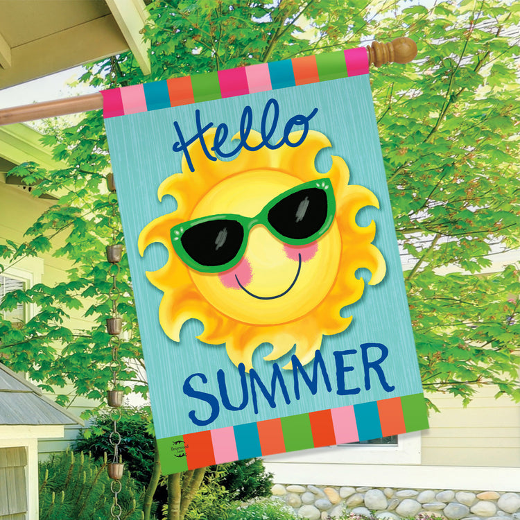 Hello Summer Sun Printed House Flag; Burlap-Polyester 28"x40"