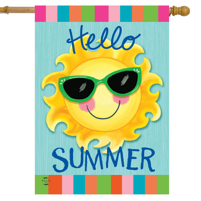 Hello Summer Sun Printed House Flag; Burlap-Polyester 28"x40"