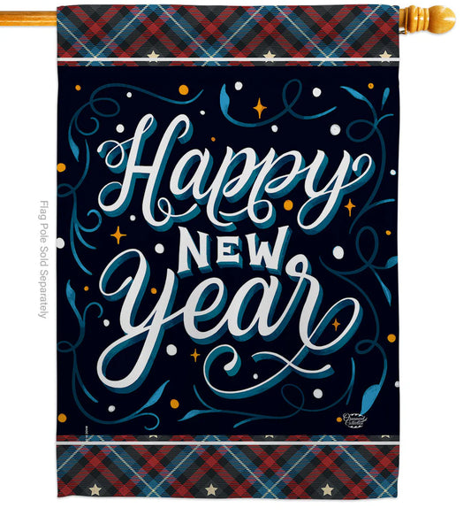 Plaid Happy New Year House Flag