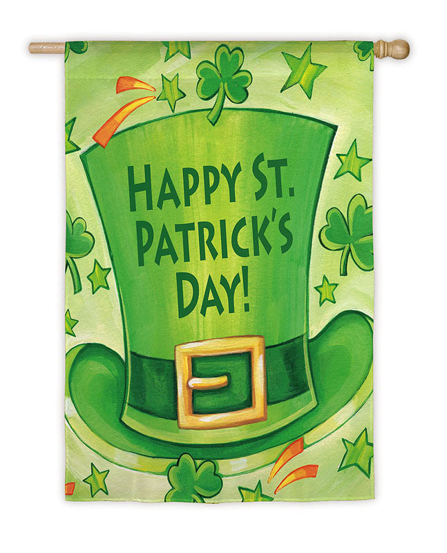 Happy St. Patricks Day Leprechaun Hat Printed House Flag; Polyester