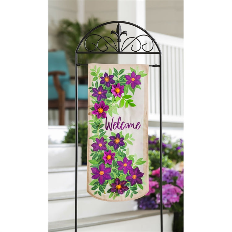 Clematis Welcome Printed Everlasting Impressions Garden Flag; Polyester-Linen Blend 12.5"x28"