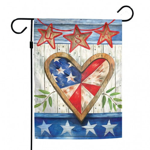 Patriotic Wooden Heart Garden Flag