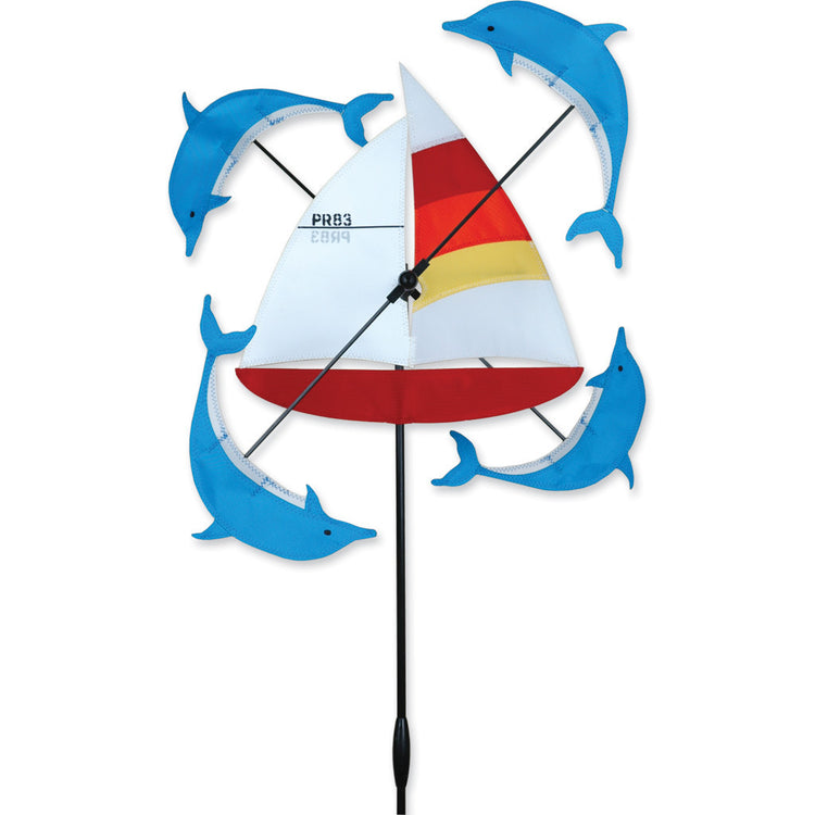 Sailboat & Dolphins Whirligig Spinner; Nylon 12"x12.5", diameter 21.75"