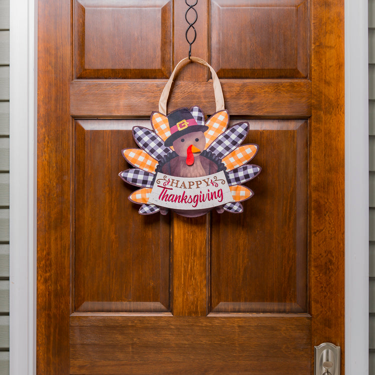 Pilgrim Turkey Door Hanger; Burlap 16"Lx13"W